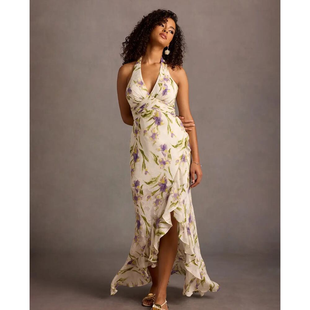 NWT Azazie Atelier Leora Tulip Print White Halter Maxi Dress